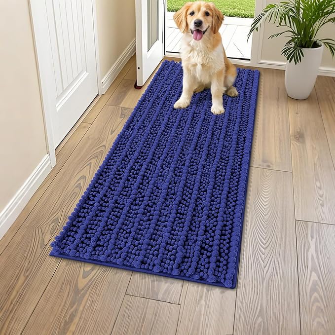 Smiry Dog Door Mat for Muddy Paws 47x24, Absorbent Dirt Trapper, Non-Slip Washable Chenille Entryway Rug for Inside Floor, Navy Blue, Layered Pattern