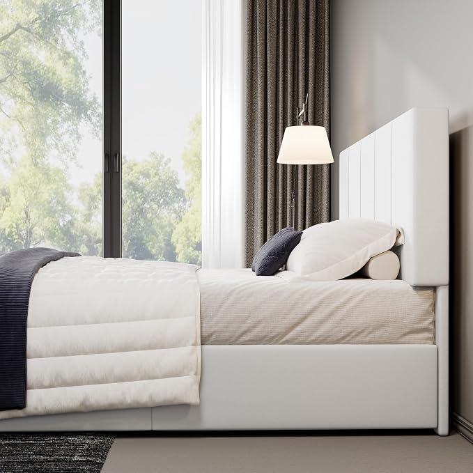 Allewie Full Size Dutch Velvet Upholstered Platform Bed Frame/Vertical Channel Tufted Adjustable Headboard/Low Profile Bed Frame/No Box Spring Needed/Easy Assembly/White