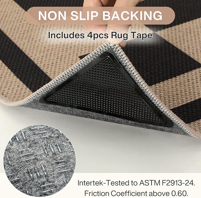Tribesigns 5x7 Black Checkered Easy Jute Outdoor Patio Rug for Backyard | Washable, Non-Slip Geometric Rug for Living Room, Porch, Dining Area, Rv and Indoor Outdoor Use, Includes 4 Rug Grippers