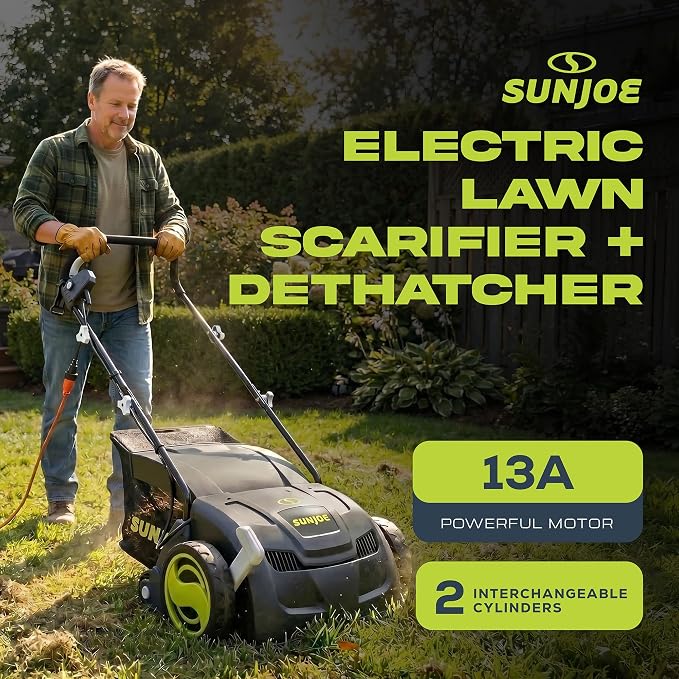 Sun Joe Electric Dethatcher & Scarifier, Corded, with 8-Gal Bag, 12.6-Inch Cutting Width, 12-Amp Motor - Heavy-Duty Yard Trimmer for Lawn Maintenance, AJ801E | 12.6-Inch Cutting Width, 12-Amp Motor - Heavy-Duty Yard Trimmer for Lawn Maintenance