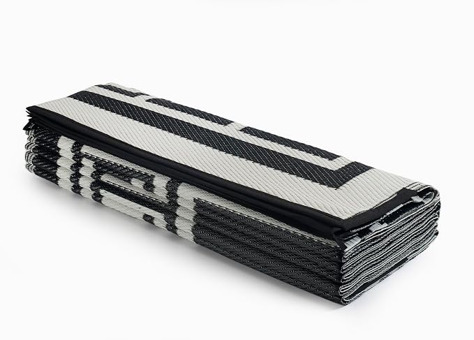 FH Home Outdoor Camping Rug - Waterproof, Fade Resistant, Reversible - Premium Recycled Plastic - Greek Border - Large Patio, Deck, Sunroom, RV - Athens - Black & White - 9 x 12 ft Foldable