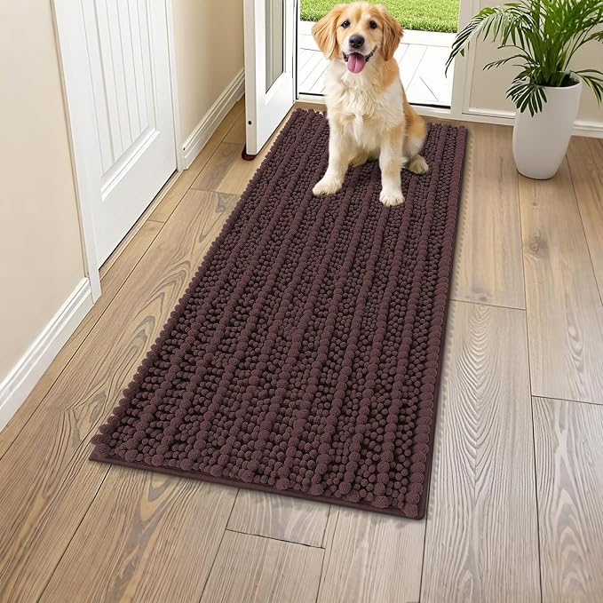 Smiry Dog Door Mat for Muddy Paws 44x24, Absorbent Dirt Trapper, Non-Slip Washable Chenille Entryway Rug for Inside Floor, Brown, Layered Pattern