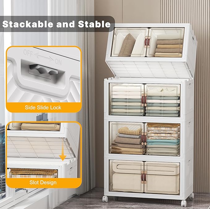 UAMFURI Stackable Storage Bins, 448QT Collapsible Drawers with Lid & Wheels | Large Capacity, Magnetic Door, Stack Lock, Rolling Casters, Foldable Design, Organizers and Storage for Bedroom Dorm Garage