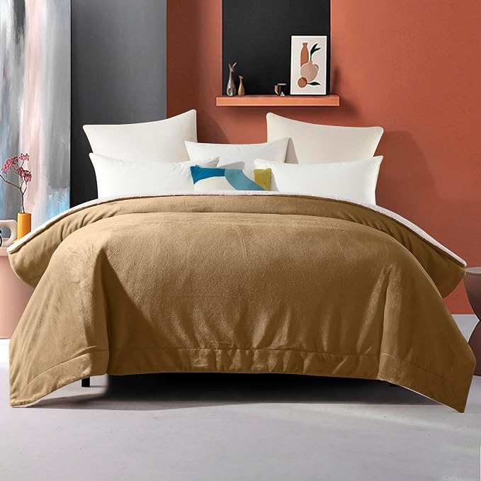 Elegant Comfort Ultra Soft Reversible Flannel Sherpa Blanket - Cozy Silky Fleece Throw for Couch, Bed - Plush Fuzzy Warm Winter Blanket for Gift, Twin, Taupe