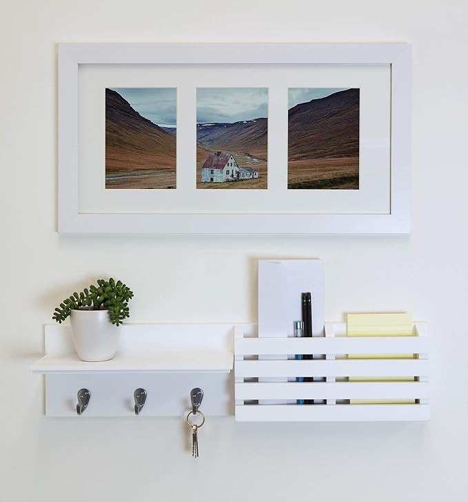 Kiera Grace Sydney Floating Shelf, Modern Wall Mounted Shelf with 3 Metal Hooks and Mail Holder for Home, Office, 24", White, 1Pack