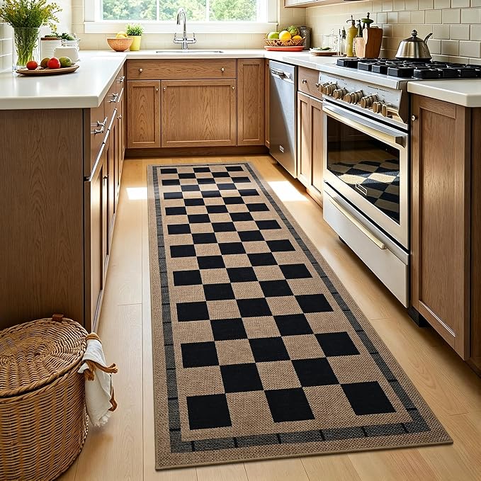 2.5x8 Jute Checkered Runner Rugs, Outdoor Runner Rug, Hallway Runner Rug | Washable Patio Porch Balcony Runners Indoor Bedroom Kitchen Laundry Mat, Non Slip Plaid Farmhouse Carpet, Black and Brown