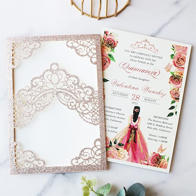 Hosmsua 50PCS 5.1x7.3 Inch Blank Rose Gold Glitter Quinceanera Invitations Kit Laser Cut Floral Crown Pocket Quinceanera Invitation Cards with Envelopes for Birthday Quince Anos Invite
