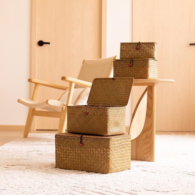 4 Pack, Wicker Baskets with Lids, Natural Seagrass Storage Baskets, Woven Rectangular Basket Bins, Rattan Storage Organizer for Shelf