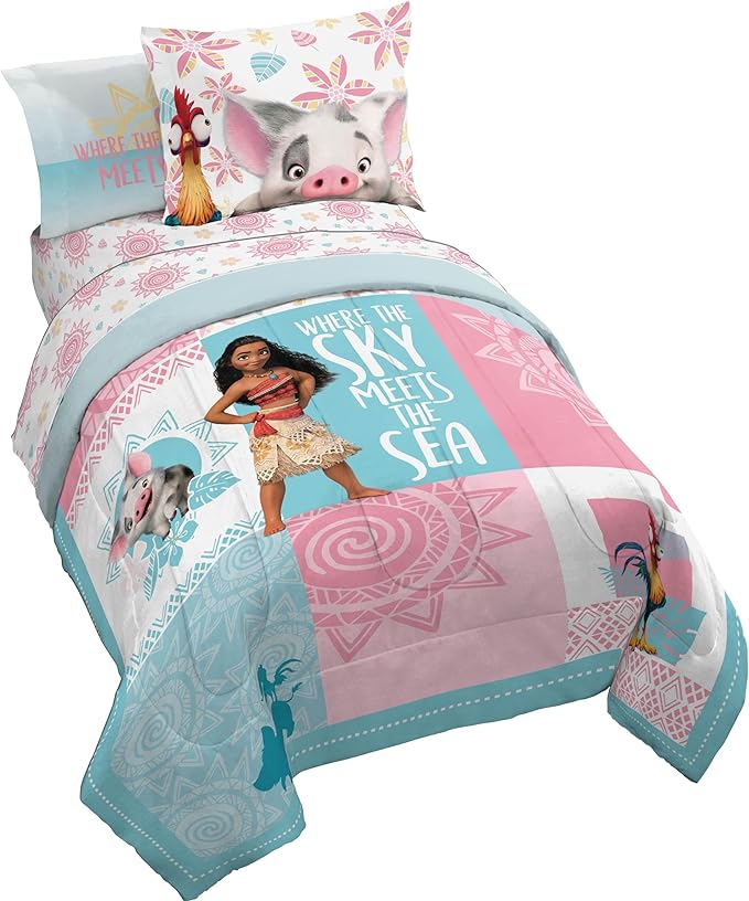 Disney Moana Twin Comforter Set 5 Piece Kids Bedding for Girls, Multi | Bed in a Bag, Comforter Sheets Sham Pillowcase, Official Brand, Soft Microfiber, Machine Washable, Easy Care, Girls Gift