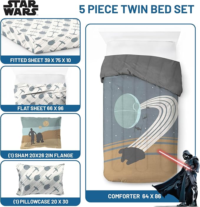 Star Wars Twin Comforter Set 5 Piece Soft Bedding for Boys, Multi | Bed in a Bag, Comforter Sheets Sham Pillowcase, Official Product, Soft Microfiber, Machine Washable, Easy Care, Boys Gift