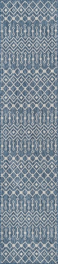 Unique Loom Outdoor Trellis Collection Area Rug - Tribal Trellis (2' 7" x 12' Runner, Blue/ Ivory)