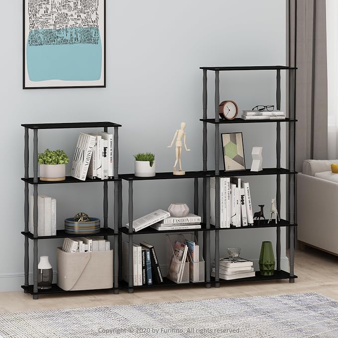 Furinno Turn-N-Tube 3-Tier Compact Multipurpose Shelf Display Rack with Classic Tube, Black/Grey | Open Frame Corner Shelf, for Organization and Storage, Living Room, Garage, Home Office