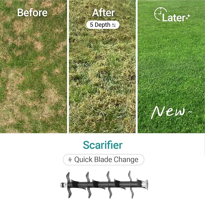 Cordless Lawn Dethatcher and Scarifier Compatible with Makita 18V Battery | Tool Only, 15" Electric Brushless Dethatcher, 36V Dual Battery Powered, Air Boost Technology, 12-Gal Collection Bag, 5 Depths