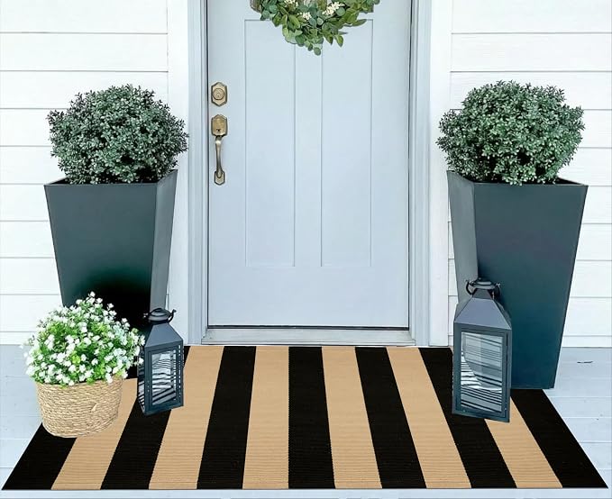 Front Porch Rug 24"x51",Black and Tan Striped Outdoor Rug Cotton Woven Washable Indoor Outdoor Doormat Farmhouse Small Area Rug for Porch/Entryway/Home Entrance Decor