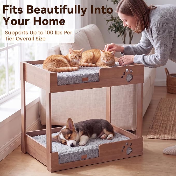 BALAPET Wooden Bunk Dog Bed with 2 Memory Foam Beds | Modern Pet Furniture, Waterproof Liners, Washable Covers, 31.1 x 20.9 x 29.9 in, Bedside Window Perch, For Medium Dogs & Cats