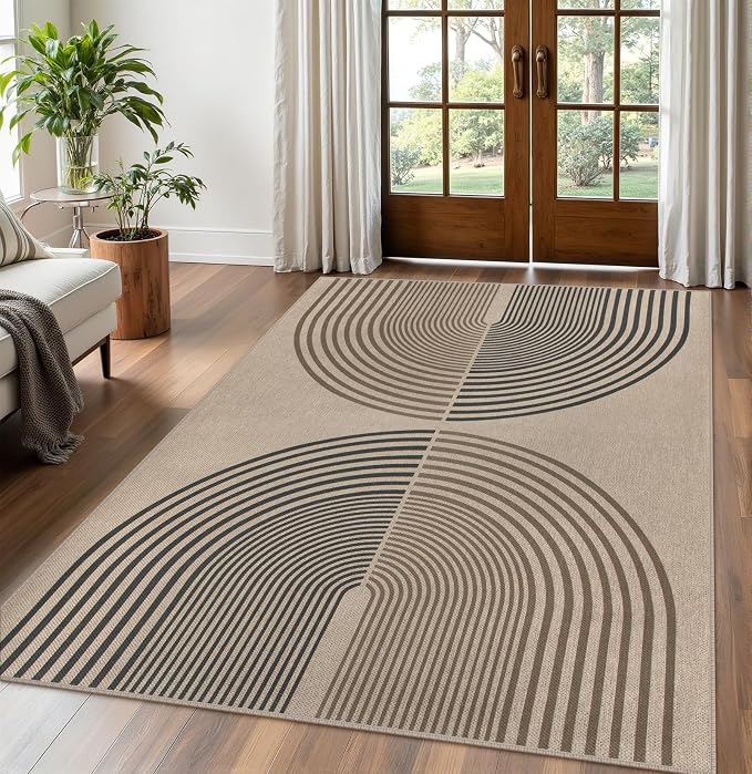 Rugalia Easy Jute 5x7 Outdoor Patio Rug, Washable Modern Boho Rugs for Living Room, Non-Slip Farmhouse Rainbow Outdoor Mat Neutral Abstract Floor Carpet for Patio Dining Room Backyard