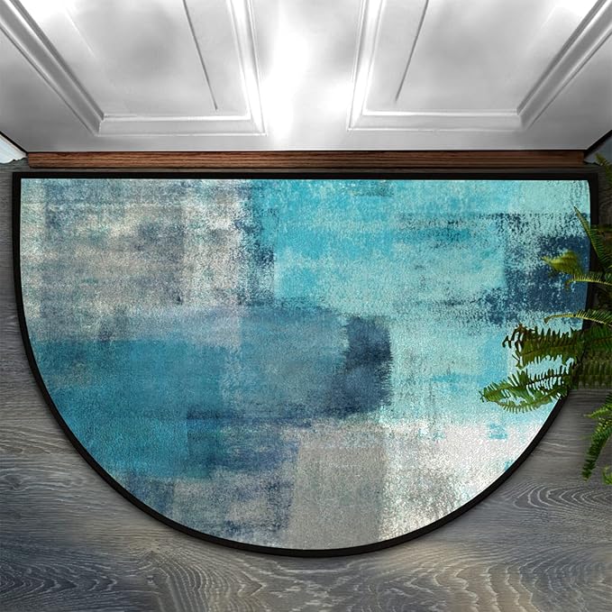 Turquoise Half Round Doormat Semi Circle Rug Half Moon Rug Entryway Mat | Turquoise Teal Washable Non Slip Outdoor Floor Rug Kitchen Mat for Indoor Outdoor Bathroom Fireplace Bath