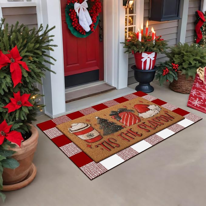 Tinideya 2 Pcs Christmas Layered Doormat Set, Tis the Season Welcome Mat and Red White Plaid Layering Rug, Xmas Front Porch Decorations for Entryway Doorway Outdoor