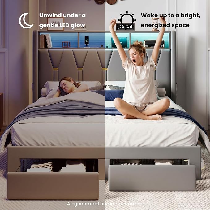 SHA CERLIN Queen Velvet Platform Bed Frame with 2 Storage Drawers, LED Storage Headboard with Charging Station, Upholstered Wingback Headboard, Noise-Free, No Box Spring Needed, Easy Assembly, Grey