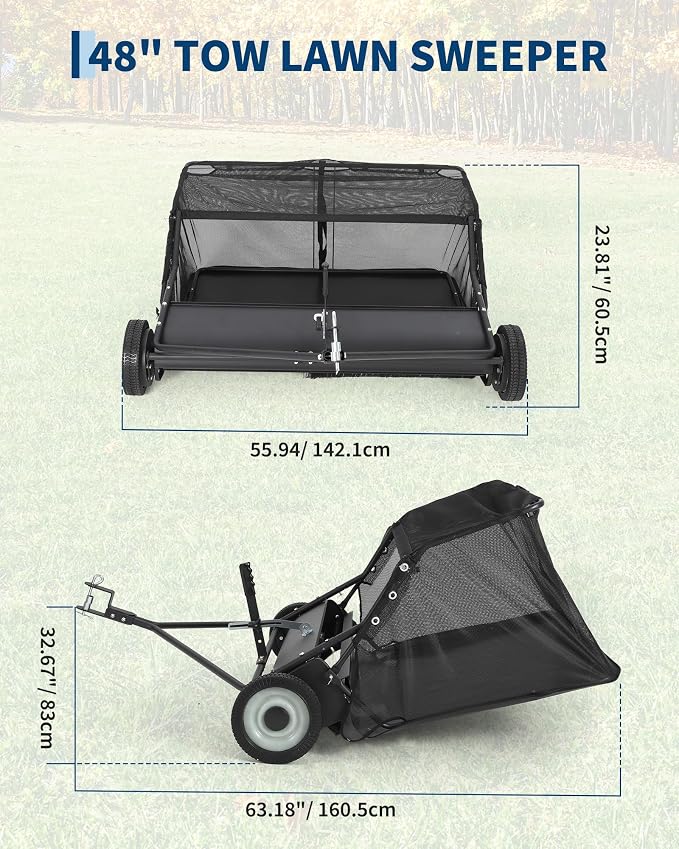 Garvee 48 in Lawn Sweeper Tow Behind, Pull Behind Yard Sweeper, 25.16 cu. ft Large Hopper Leaf & Grass Collector, Heavy Duty Garden Sweeper with Adjustable Sweeping Height for Yard, Lawn, Farm