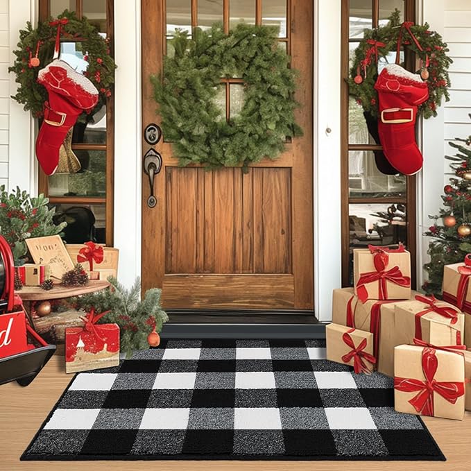 REFETONE Buffalo Plaid Indoor Outdoor Rug 36"x59", Black and White Checkered Front Door Mat with Non-Slip Rubber Back, Washable Low-Profile Entryway Rug for Porch, Kitchen, Layered Doormat Decor