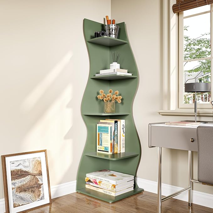 LITTLE TREE Small Corner Shelf, Modern 5-Tier Wall Wavy Corner Bookshelf | Stylish Bookcase Storage Rack for Small Space, Living Room, Bedroom, Green