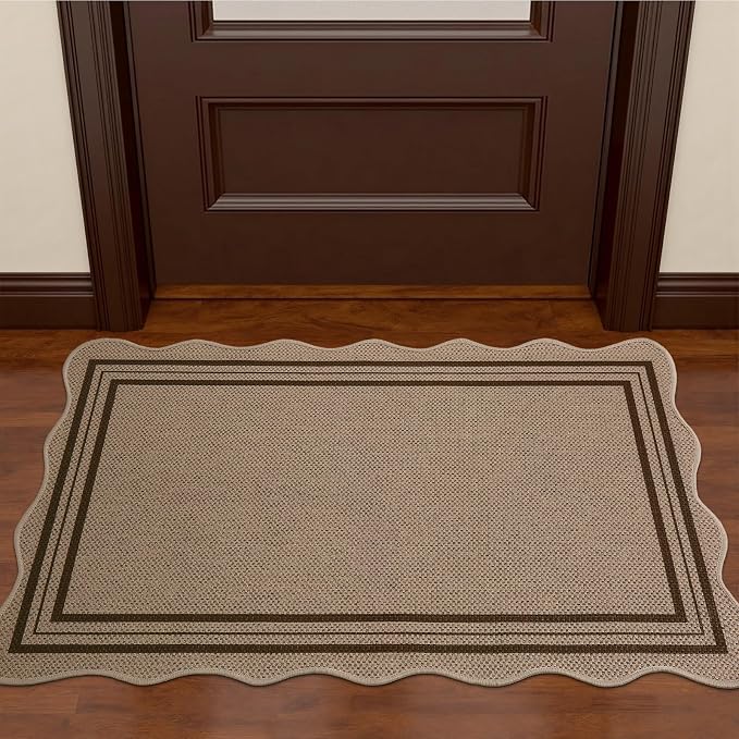 EDIMENS Easy Jute Rug Entryway Rug, 2x3 Front Door Mat Small Entryway Non-Slip Washable Area Rug, Low Pile Black Indoor Outdoor Farmhouse Scalloped Doormat for Entrance Entry Porch Doorway