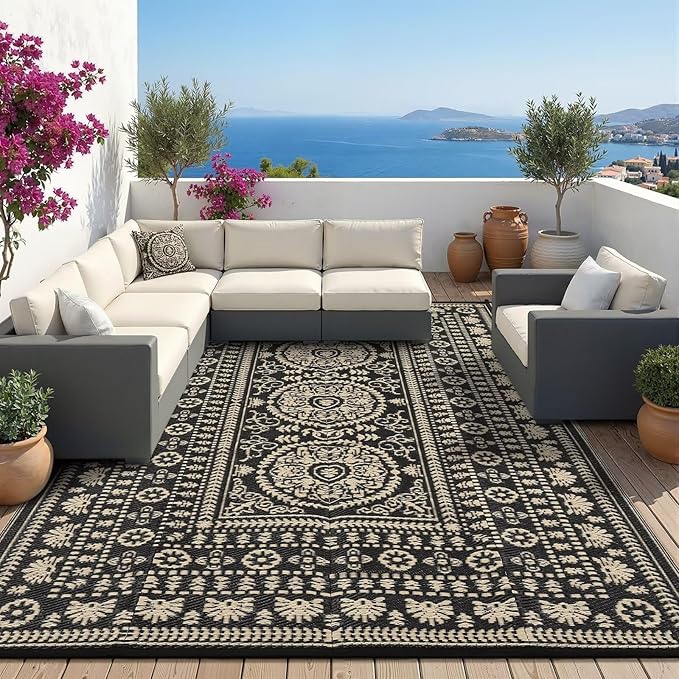 Garvee Reversible Outdoor Rug 6x9 for Patio, Waterproof Outdoor Area Rug, Modern Medallion Indoor Outdoor Rugs, Plastic Straw Rug for RV, Camping, Deck, Vintage Brown