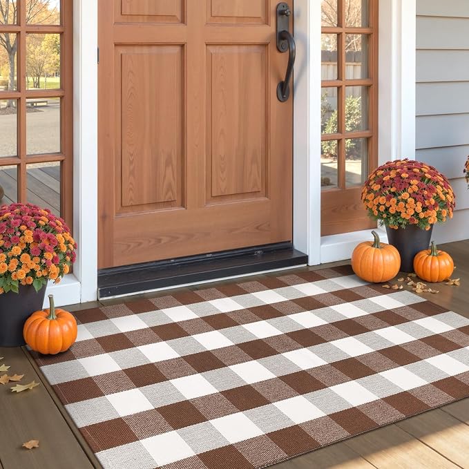 Collive 3x5 Buffalo Plaid Checkered Outdoor Rug, Fall Autumn Decor Door Mat, Coffee and White Washable Front Doormat Outside Entrance, Layered Welcome Mat Porch Area Rugs for Entryway Patio