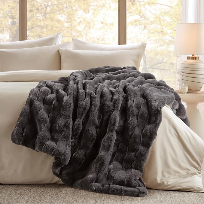 Madison Park Vivienne Faux Fur Throw Blanket Velvet, 50 x 60, Grey | Cozy Warmth for Sofa or Bed, Reversible, Lightweight, OEKO-TEX Certified
