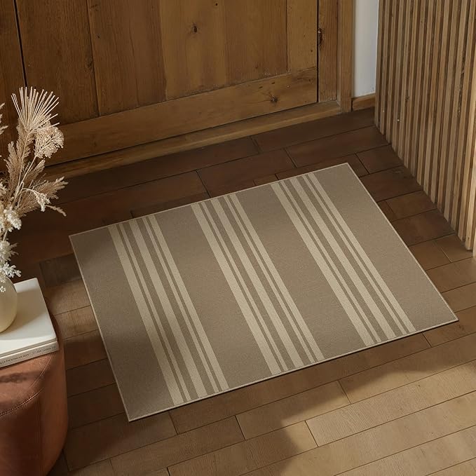 PureCozy Striped Easy Jute Rug 2x3 Khaki Entryway Carpet Washable Non Slip Door Mat Farmhouse Neutral Non Shedding Entry Small Indoor Outdoor Rug for Kitchen Bedroom Mudroom Bathroom