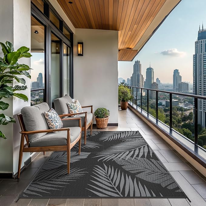 GENIMO Outdoor Rug, Waterproof Plastic Rugs for Patio, 6'x9' Black Grey | Outside Larger Leaf Carpet Mat for Porch Decor, Deck, Balcony, Camping, RV, Backyard, Picnic, Beach, Reversible, Foldable