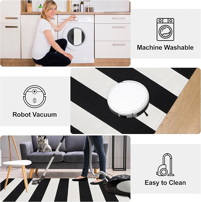 Black and White Striped Rug 5x8 Cotton Woven Rug Farmhouse Washable Indoor Outdoor Area Rug Home Decor Carpet for Living Room Dining Room Bedroom Backyard Large Patio Mat