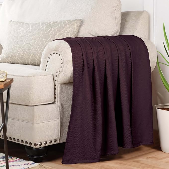 Superior Metro All-Season Cotton Blanket, Woven Blanket for Couch, Bed, Bedding, Farmhouse, Home Essentials, Cute and Cozy Bohemian Blankets, Herringbone Weave, Twin Size, Plum