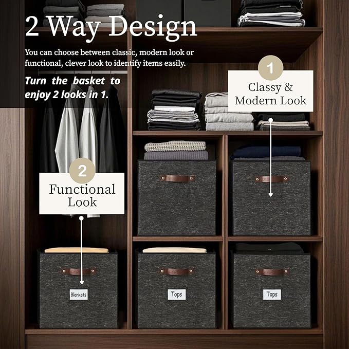 DECOMOMO Storage Bins, Cube Storage Bin with Labels | 10.5" x 11" Fabric Storage Cubes for Shelves (6pcs, Black Pattern)