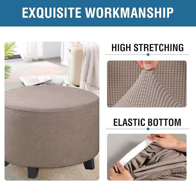 H.VERSAILTEX Ottoman Cover Stretch Ottoman Slipcover Round Ottoman Storage Cover Folding Stool Covers Furniture Protector Cover for Footrest Ottoman Fit Dia 30" - 41", Taupe