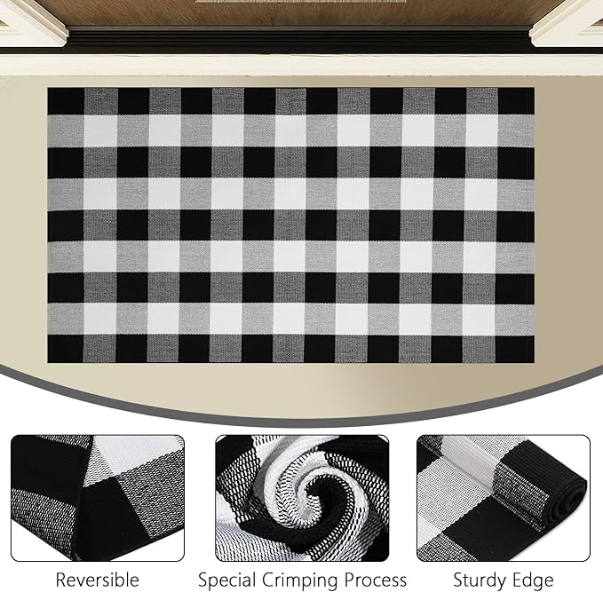 Buffalo Plaid Area Rug, Checkered Rug 27.5x43 Inches, Black and White Rug, Washable Cotton Mat for Front Porch, Entryway, Kitchen, Living Room, Home Decor