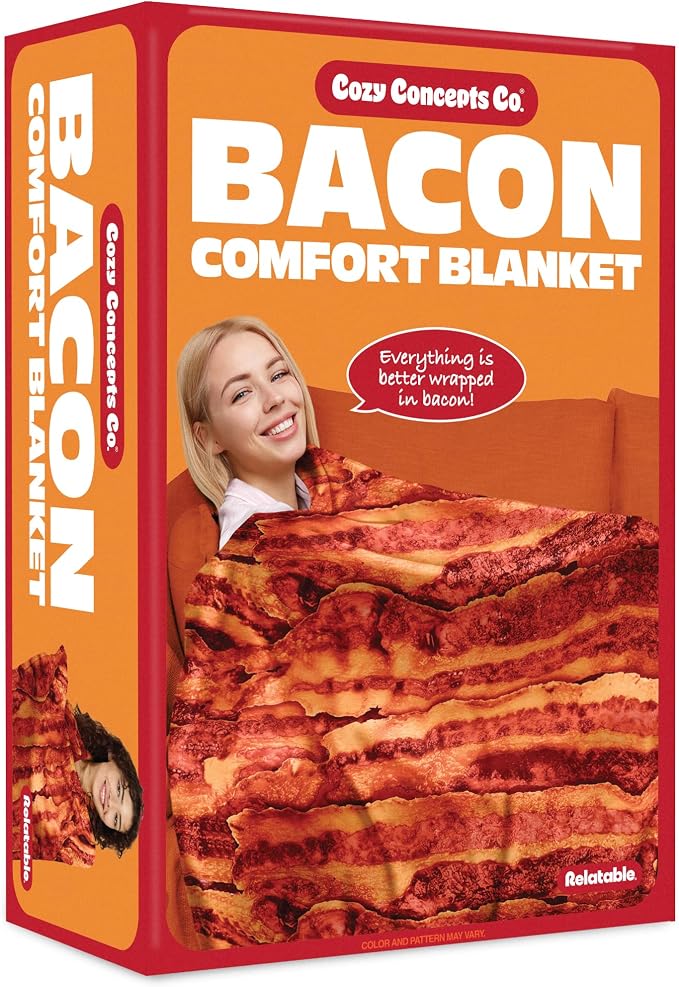 WHAT DO YOU MEME? Cozy Concepts Co. Bacon Comfort Blanket by Relatable - Cozy Throw for Room Decor, Everyday Lounging or Funny Gag Gifts for Teens - Includes 1 Giant 60" Bacon Blanket