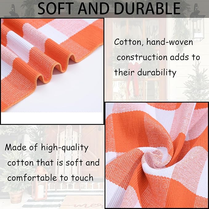 Orange and White Plaid Rug, 24'' x 51'' Fall Front Door Decor Mat, Cotton Washable Hand-Woven Door mat for Layered Doormat, Autumn Halloween Thanksgiving Carpet for Porch, Entryway