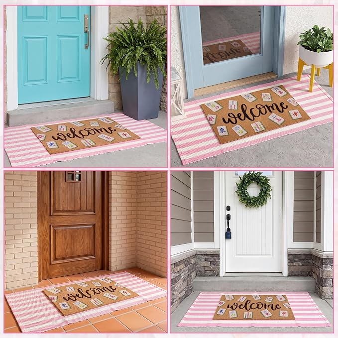 2 Pcs Outdoor Door Mat Combo Set Layered Outdoor Rug and Coir Welcome Doormat Non Slip Outside Floor Mat for Front Porch Entryway Patio Yard Decor(Mahjong,24'' X 51',18'' X 28'')