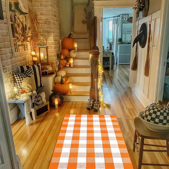 Bottalive Buffalo Plaid Outdoor Rugs, 3'x5' Orange and White Checkered Indoor/Outdoor Area Rug, Layering Rug for Hello/Welcome Door Mat, Washable Cotton Woven Farmhouse Mat for Fall Front Porch Décor