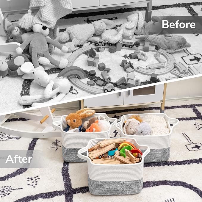 Goodpick Cotton Rope Small Laundry Basket, 13" x 10" x 9", Gray & White | Decorative Storage Basket for Clothes, Towels & Shoes, Closet & Shelf Organization, Reinforced Woven Handles