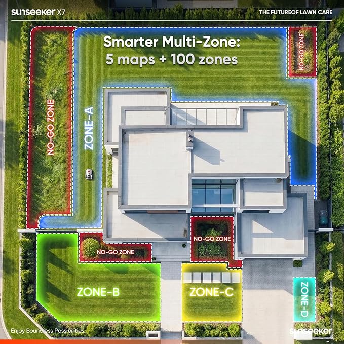 Sunseeker X7 AWD Robot Lawn Mower, RTK, Vision AI, 0.75 Acre, Wire-Free | Flagship AWD mowing for homeowners with large, challenging yards, steep slopes and uneven terrain.