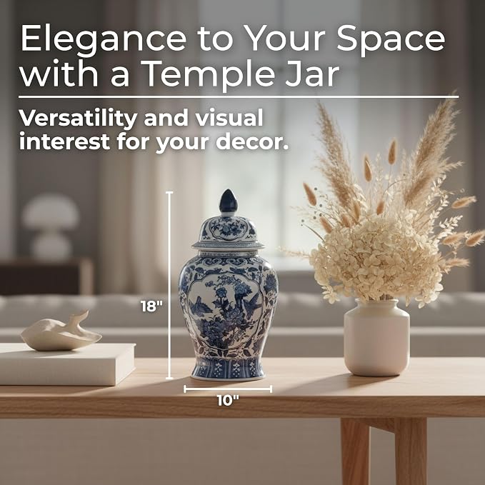 Sagebrook Home Novelty Ceramic Flowers Temple Jars, Vases, Elegant Storage Containers for Home Decor and Kitchen Interior Design, 18.0" H, Blue (16417)