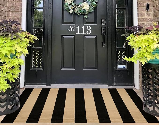 Front Porch Rug 24"x51",Black and Tan Striped Outdoor Rug Cotton Woven Washable Indoor Outdoor Doormat Farmhouse Small Area Rug for Porch/Entryway/Home Entrance Decor