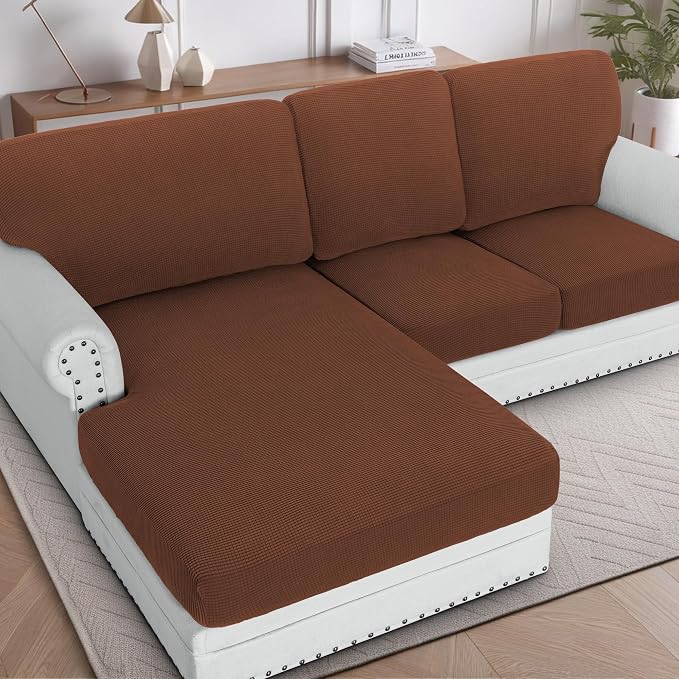 H.VERSAILTEX Sectional Couch Covers 3 Pieces Sofa Seat Cushion Covers L Shape Separate Cushion Couch Chaise Cover for Both Left/Right Sectional Couch (Seat Only: 1 Chaise + 2 Sofa, Caramel)