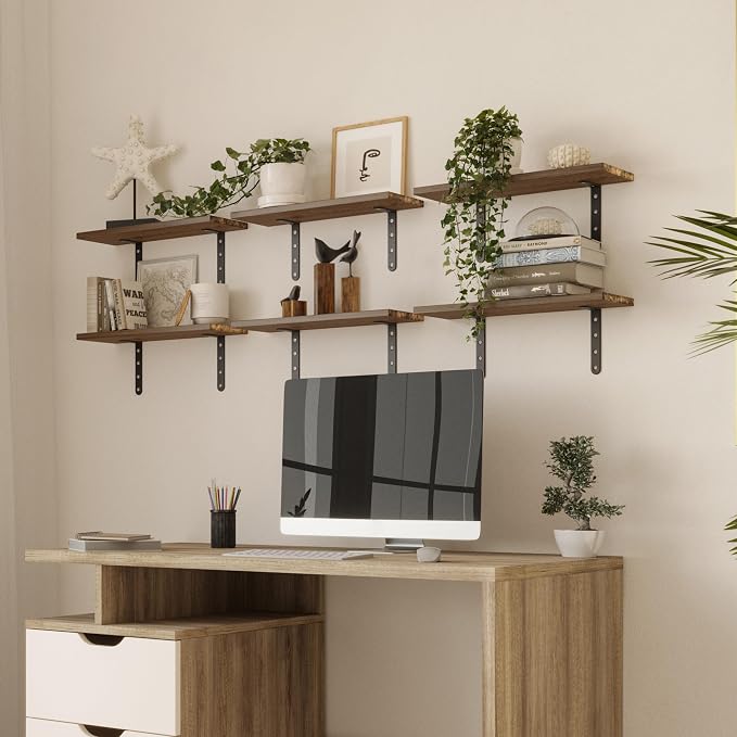 Lavish Home Floating Shelves - Set of 6 Shelves for Living Room, Kitchen, Bedroom, or Bathroom Decor - Wood Floating Shelves for Wall - Farmhouse Wall Décor (Rustic Brown)