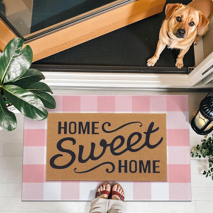 OLANLY Buffalo Plaid Rug 2' x 3' (24" x 36") – Pink and White Cotton Checkered Doormat, Washable Indoor Outdoor Rug for Layered Front Porch, Kitchen, Entryway Decor