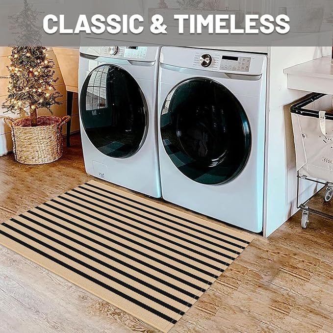 IOHOUZE Striped Area Rug 2'x3' Front Door Rugs Small Washable Area Rug for Front Porch, Spring Summer Welcome Door Mats Outdoor Indoor, Doormat for Entryway Porch Entrance, Tan/Black