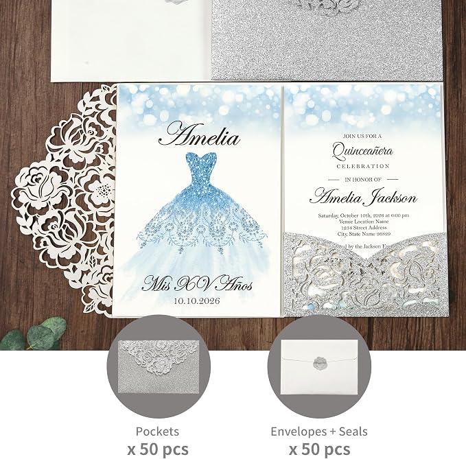 DORIS HOME Laser Cut Quinceanera Invitation Pockets, Silver Glitter, 5"x7" | 50pcs, With Envelopes, For Birthday, Miss 15, Sweet 16, No Inserts Included